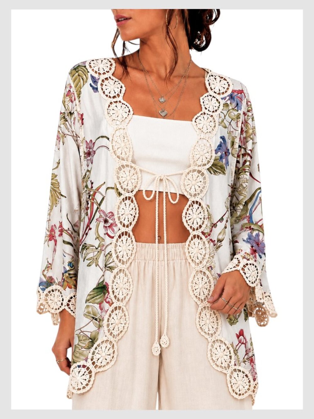 Ana & Rose Kimono Cardigan Ivory Floral Crochet Size L